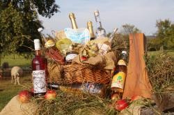 Ein Produktkorb mit Streuobstsäften, Secco, Bränden, Wein, Marmelade und Milch. Im Hintergrund eine beweidete Streuobstwiese.